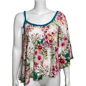 Mustard Seed One Shoulder Top Womens Size L Floral Stretch One Sleeve Pink Green